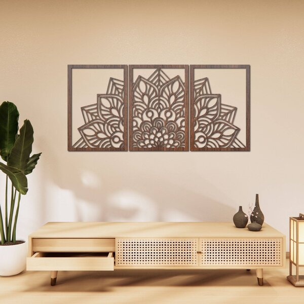 SENTOP | 3-dílná mandala květin – moderní dřevěná nástěnná dekorace do obývacího pokoje | SENTOP HDF0583-60 x 30-WENGE