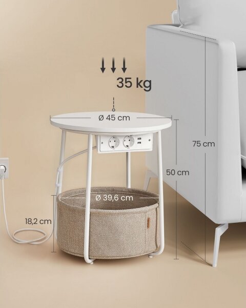 Odkládací stolek s vestavěnými zásuvkami a USB porty NOIRA 45 cm krémová/bílá