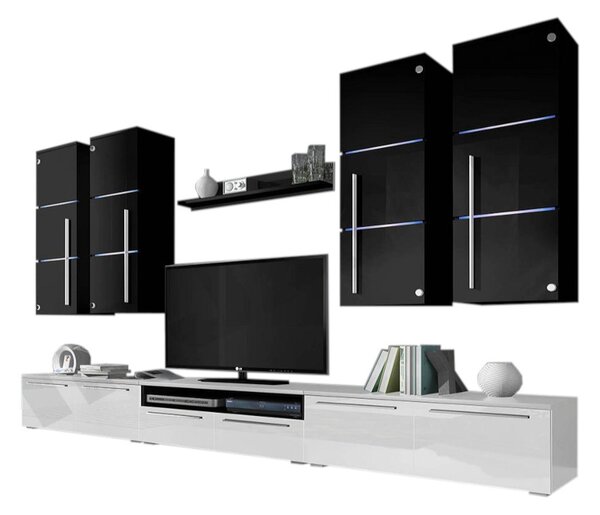 Obývací stěna LOBO, horní skříňky: černé, spodní skříňky: bílé