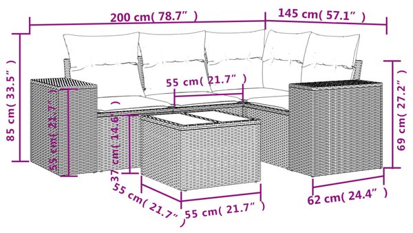 5dílná zahradní sedací souprava s poduškami černá polyratan