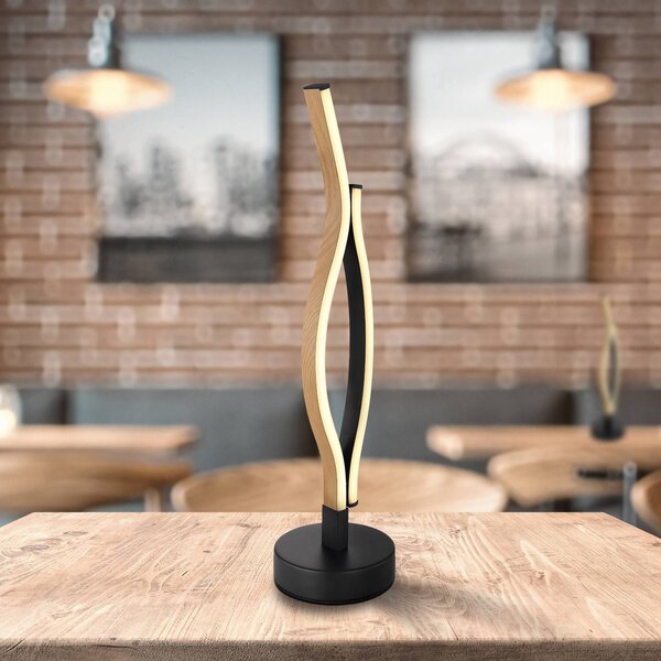 Globo LED stolní lampa Geronimo, výška 47 cm, černá/dřevěný vzhled, Černá, Obývací pokoj / jídelna, Hliník, Moderní