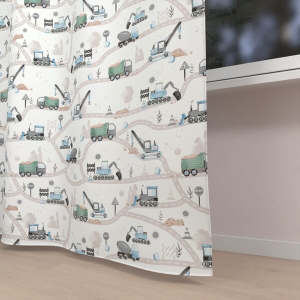 Biante Dětský bavlněný závěs Sandra SA-687 Modro-zelená auta a bagry na bílém 150x170 cm