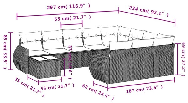 11dílná zahradní sedací souprava s poduškami černá polyratan 3254263