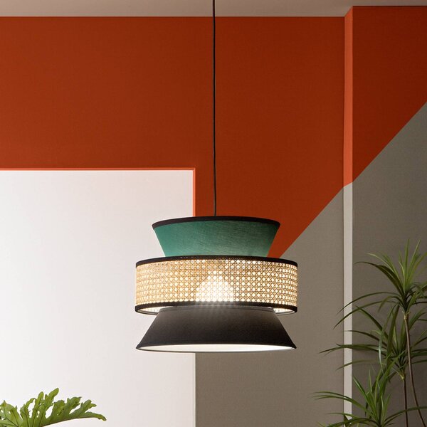 Luce Ambiente Design Závěsné světlo Gazebo, zelená/černá/přírodní, Ø 40 cm, látka/rattan, stmívatelný, Zelená, Obývací pokoj / jídelna, Textil / tkanina / hedvábí