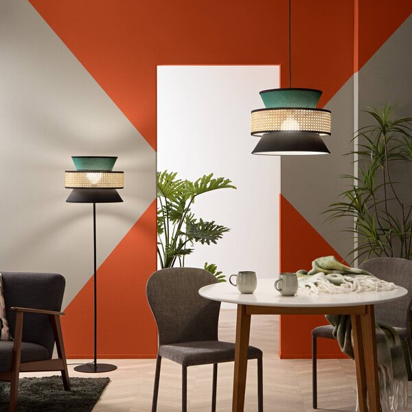 Luce Ambiente Design Závěsné světlo Gazebo, zelená/černá/přírodní, Ø 40 cm, látka/rattan, stmívatelný, Zelená, Obývací pokoj / jídelna, Textil / tkanina / hedvábí