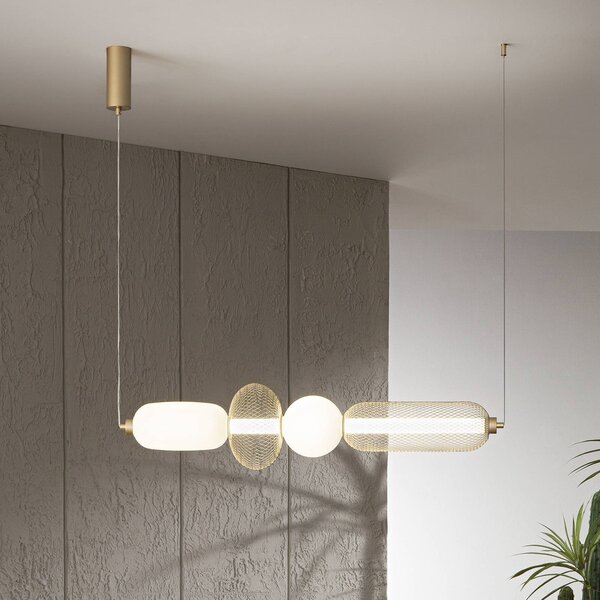 Luce Ambiente Design Závěsné světlo LED INKAS, výška 90 cm, zlatá barva, sklo/kov,, Mosaz / zlato, Obývací pokoj / jídelna, Sklo