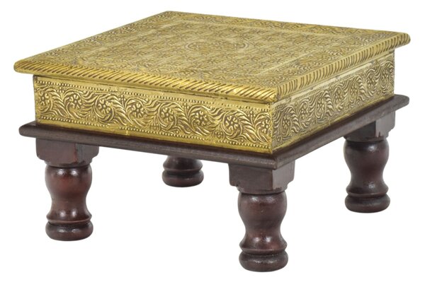 Čajový stolek z mangového dřeva zdobený mosazným kováním, 25x25x15cm