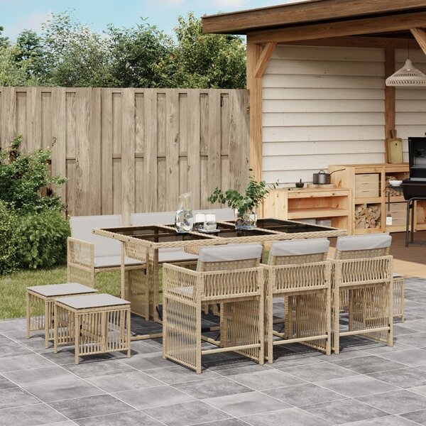 11dílný zahradní jídelní set s poduškami béžový polyratan