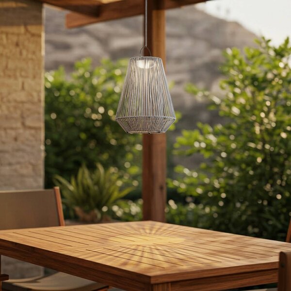 Lindby LED solární závěsná lampa Austas, šedá, Ø 32 cm, USB, IP54, stmívatelný, Hliník / šedá / zinek, Plast, Moderní, Závěsná lampa - lustr