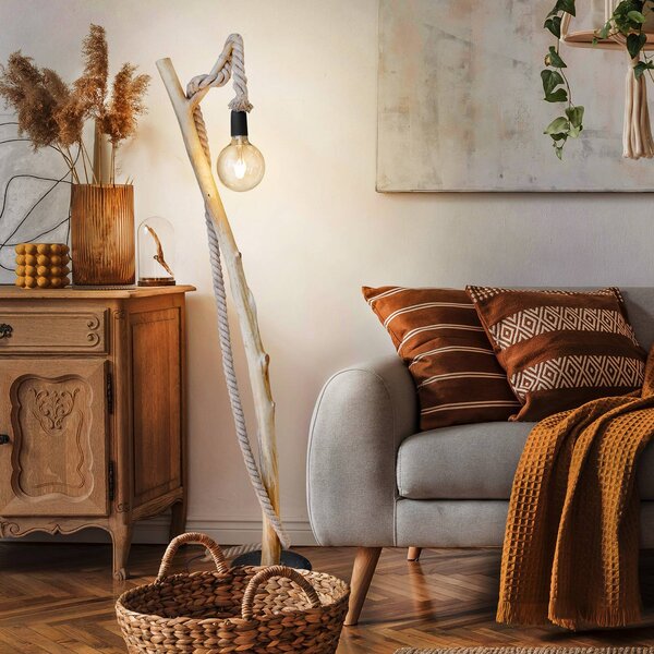 Globo Stojací lampa Nerida, světle hnědá, dřevo/konopí, výška 150 cm, Světlé dřevo, Obývací pokoj / jídelna, Dřevo, Venkovský / rustikální