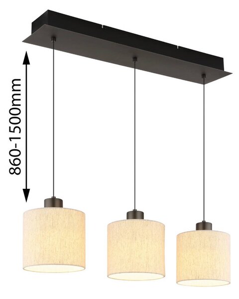 Globo Závěsné světlo LED Thea, délka 74 cm, 3ramenná, krémová/matná černá, stmívatelný, Krémová / jantar, Obývací pokoj / jídelna, Textil / tkanina / hedvábí, Skandinávský