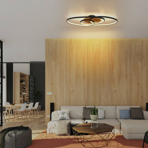 Globo LED stropní svítidlo Tisha I, matná černá/dřevo, délka 85 cm, stmívatelný, Světlé dřevo, Obývací pokoj / jídelna, Dřevo, Moderní