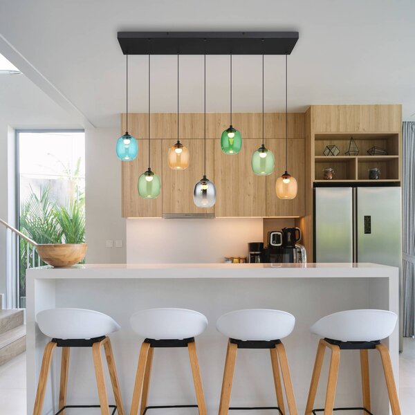 Globo LED závěsné světlo Minara, 7 ramen, délka 102 cm, barevné, sklo, stmívatelný, Vícebarevná, Obývací pokoj / jídelna, kov, Moderní