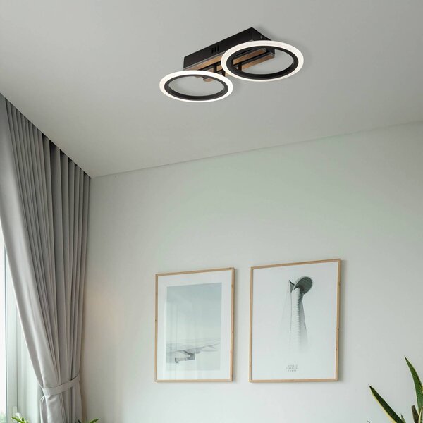 Globo LED stropní svítidlo Blevins 2-flg. černá/dřevěný vzhled, délka 46 cm, stmívatelný, Černá, Obývací pokoj / jídelna, kov, Moderní