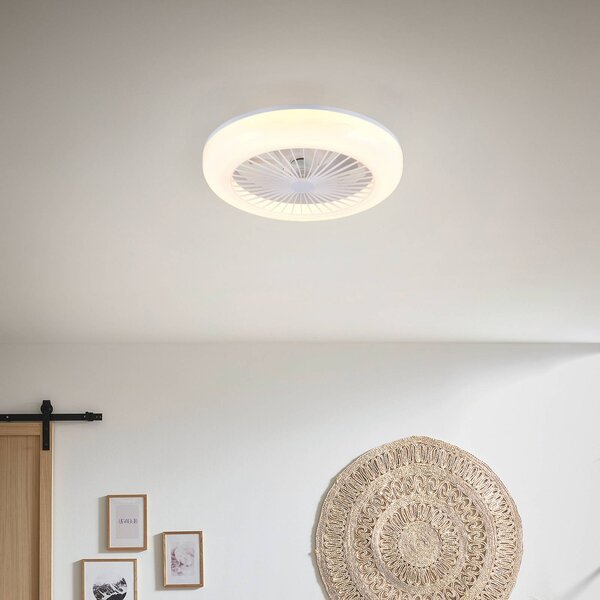Reality Leuchten LED ventilátor Mora, DC, tichý, Ø 45 cm, dálkové ovládání, stmívatelný, Bílá / opál, Obývací pokoj / jídelna, Plast, Moderní