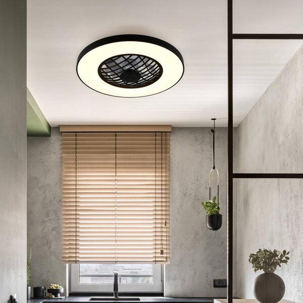 Reality Leuchten LED ventilátor Linköping tichý RGB dálkové ovládání reproduktor, stmívatelný, Černá, Obývací pokoj / jídelna, Plast, Moderní