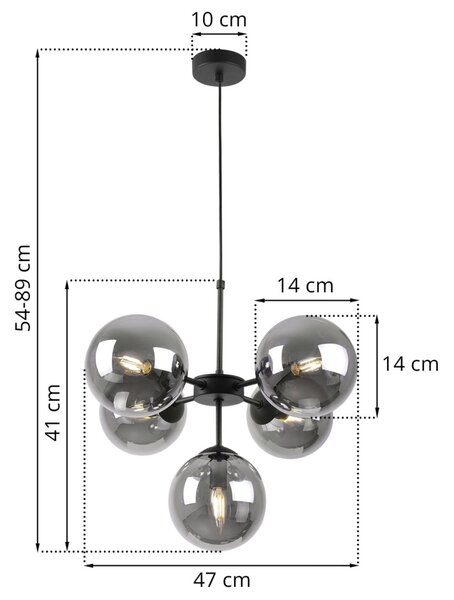 Light for home - Elegantní závěsné svítidlo s variabilní délkou a pěti transparentními stínidly "IMPERIA", 5x40W, E14, Černá