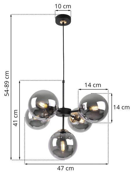 Light for home - Závěsné světlo s nastavitelnou délkou a možností připojení k podvojnému vypínači"IMPERIA", 5x40W, E14, Černá