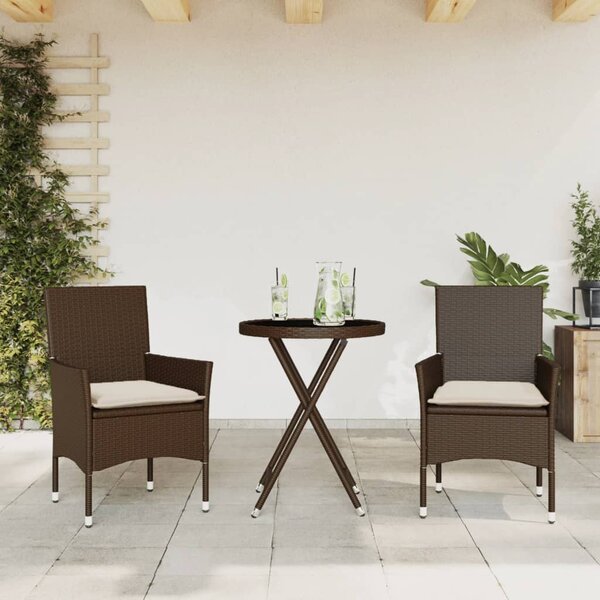 3dílný bistro set s poduškami hnědý polyratan a sklo