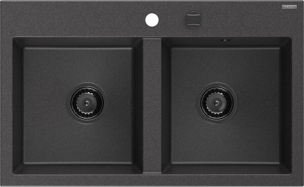 MEXEN/S - Hektor granitový dřez 2-bowl 800 x 480 mm, černá kropenatá, černý sifon 6521802000-76-B