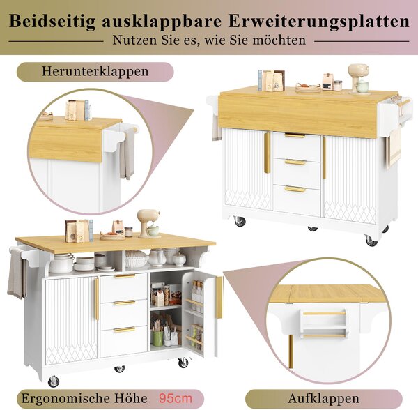 Kuchyňský ostrůvek s výsuvnou pracovní plochou, mobilní kuchyňský ostrůvek s úložným prostorem, 3 zásuvky, kolečka, materiál: MDF a kov, rozměry: 120–197 × 40 × 95 cm, barva: bílá s dekorativním vzorem dřeva (imitace buku)
