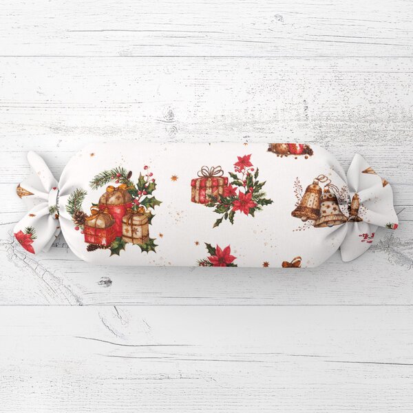 Biante Vánoční polštář válec bonbon Sandra SA-515 Vánoční hvězdy a ozdoby na bílém 15x40 cm