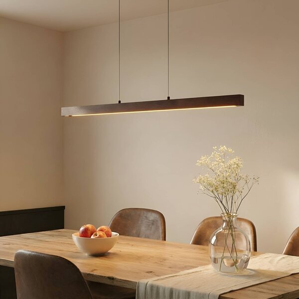 Lucande LED závěsné světlo Nihalo, ořech, 122 cm, stmívatelné,, stmívatelný, Tmavé dřevo, Obývací pokoj / jídelna, Dřevo, Venkovský / rustikální