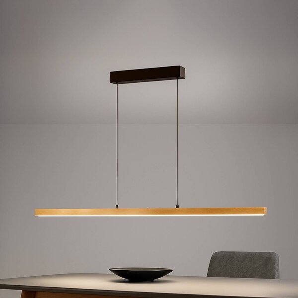 FISCHER & HONSEL Závěsné světlo LED Shine-Wood, délka 141 cm, dub/černá, stmívatelný, Světlé dřevo, Obývací pokoj / jídelna, Dřevo