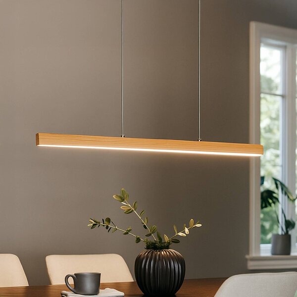 FISCHER & HONSEL Závěsné světlo LED Shine-Wood, délka 105 cm, dub/niklová barva, stmívatelný, Světlé dřevo, Obývací pokoj / jídelna, Dřevo