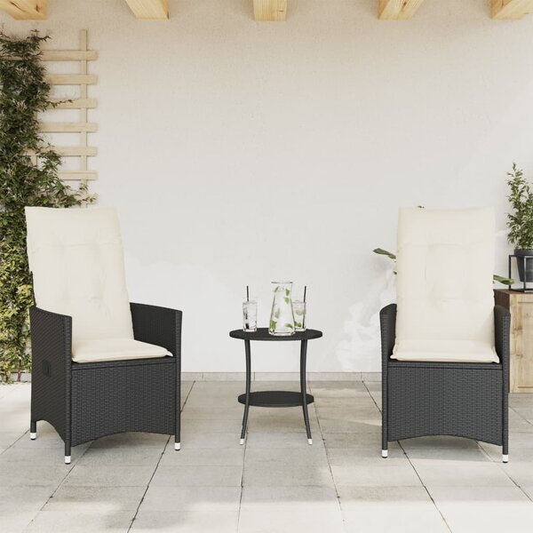 3dílný bistro set s poduškami černý polyratan