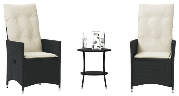 3dílný bistro set s poduškami černý polyratan