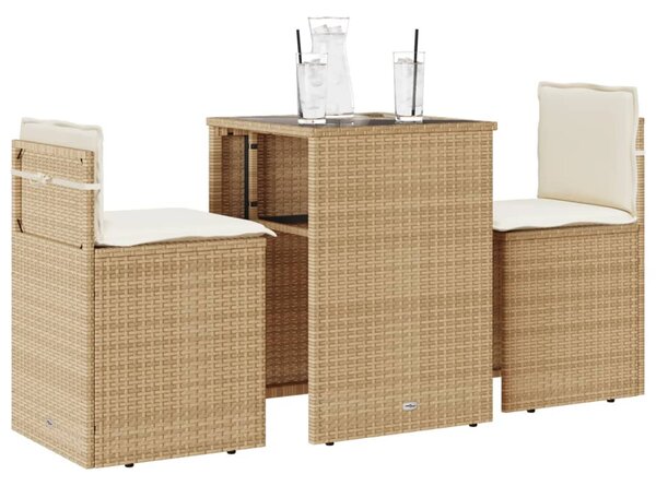 3dílný bistro set s poduškami béžový polyratan