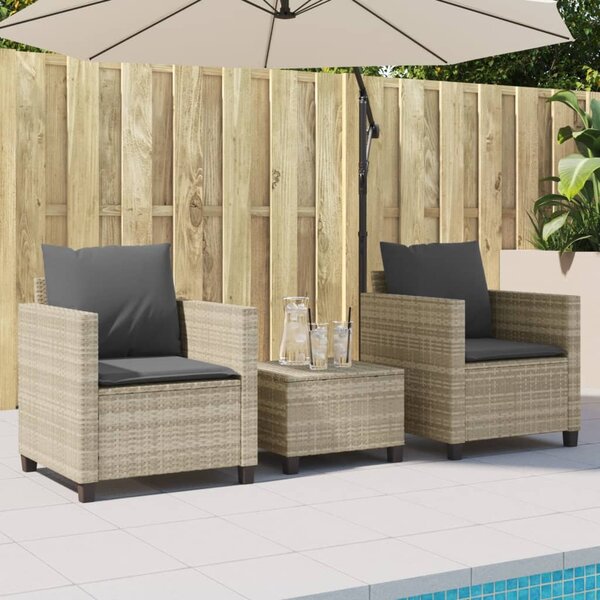 3dílný bistro set s poduškami světle šedý polyratan