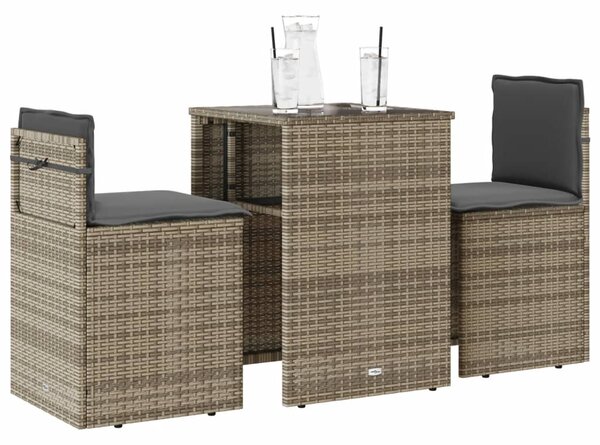 3dílný bistro set s poduškami šedý polyratan