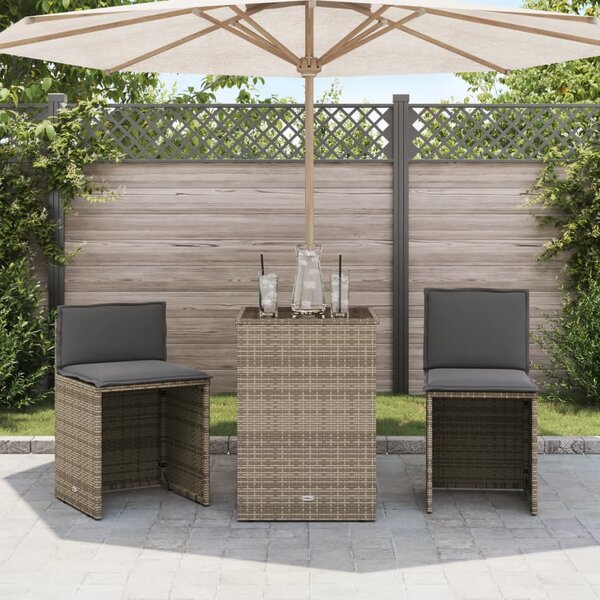 3dílný bistro set s poduškami šedý polyratan