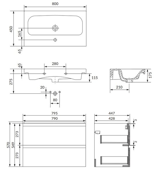 Cersanit Moduo SET, závěsná skříňka 80x45x57 cm + umyvadlo 80cm, antracitová matná, S801-473-DSM