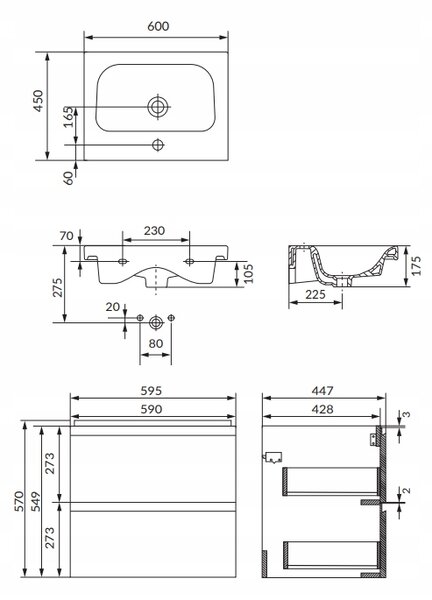 Cersanit Moduo SET, závěsná skříňka 60x45x62 cm + umyvadlo 60cm, antracitová matná, S801-486-DSM