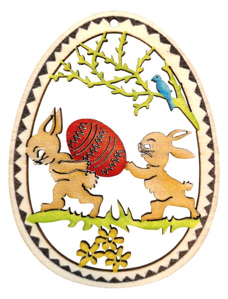 AMADEA Dřevěná dekorace vajíčko zajíčci s vajíčkem, velikost 9 cm, český výrobek