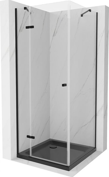 Mexen Roma, sprchový kout s 1-křídlými dveřmi 90 (dveře) x 90 (stěna) cm, 6mm čiré sklo, černý profil, slim sprchová vanička 5cm černá s černým sifonem, 854-090-090-70-00-4070B