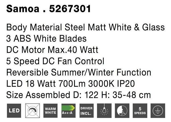 NV 5267301 Stropní ventilátor se světlem SAMOA tělo z oceli matná bílá a sklo 3ABS LED 18W 3000K - NOVA LUCE