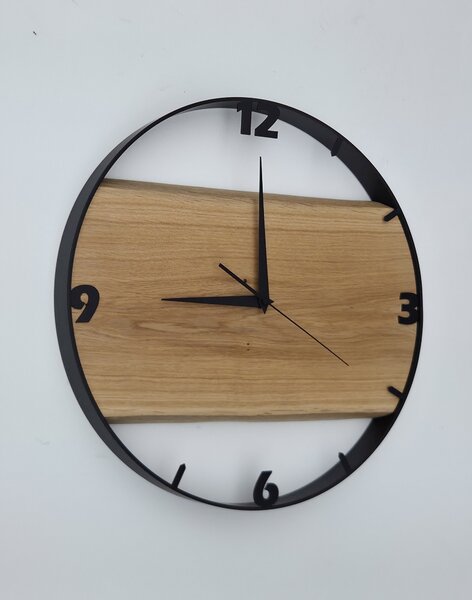 Dřevěné hodiny -45cm, přírodní dřevo - dub, černý kovový rám (45B52)