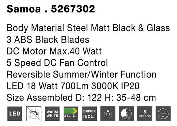 NV 5267302 Stropní ventilátor se světlem SAMOA tělo z oceli matná černá a sklo 3ABS černé listy LED 18W 3000K - NOVA LUCE