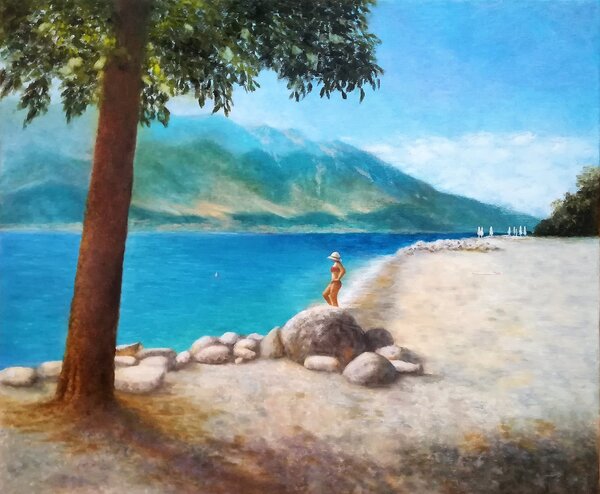 Ručně malovaný obraz od Ljuba Ananina - "Vzpomínky na Itálii: na pláži", rozměr: 60 x 50 cm