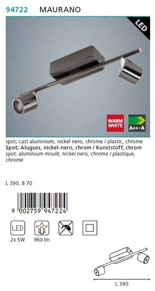 Eglo 94722 MAURANO black - Nástěnná LED bodovka 2 x 5W (Naklápěcí LED bodovka na zeď - černý chrom)