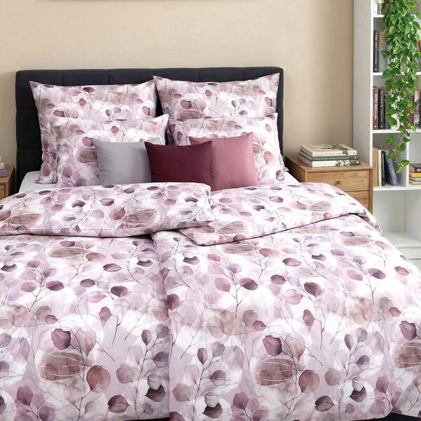 Povlečení SATÉN DESIGN purple leaves pudrová 140 x 200/70 x 90 cm