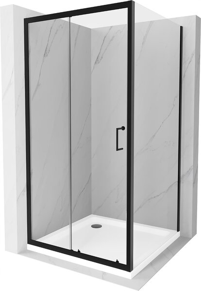 Mexen APIA, sprchový kout s posuvnými dveřmi 90 (dveře) x 90 (stěna) cm, 5mm čiré sklo, černý profil + bílá sprchová vanička, 840-090-090-70-00-4010B