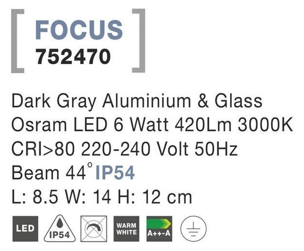 NV 752470 Venkovní reflektor FOCUS tmavě šedý hliník a sklo Osram LED 6W 3000K 220-240V 44st. IP54 - NOVA LUCE