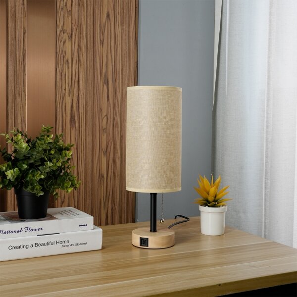 Brilagi - Stolní lampa s USB portem TABLON 1xE27/25W/230V dub/černá/béžová