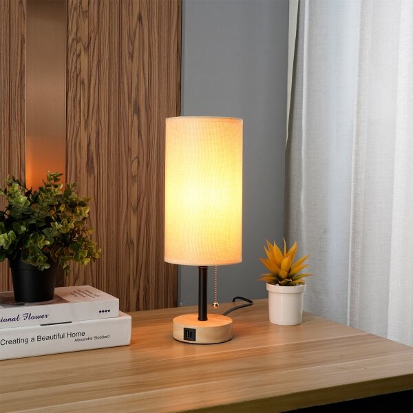 Brilagi - Stolní lampa s USB portem TABLON 1xE27/25W/230V dub/černá/béžová