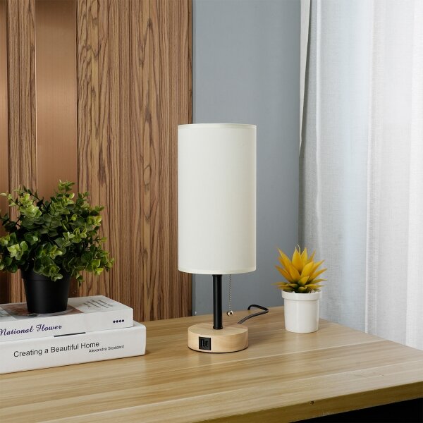 Brilagi - Stolní lampa s USB portem TABLON 1xE27/25W/230V dub/černá/krémová
